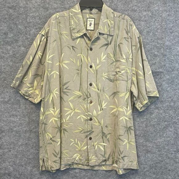 JAMAICA JAXX 100% Silk Hawaiian Shirt Mens Large Gray Bamboo Tropical Print - Picture 1 of 16